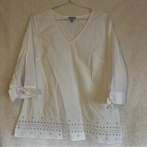 Talbots Womens Top White V-Neck Blouse with Lace Trim Cotton V-neck Medium